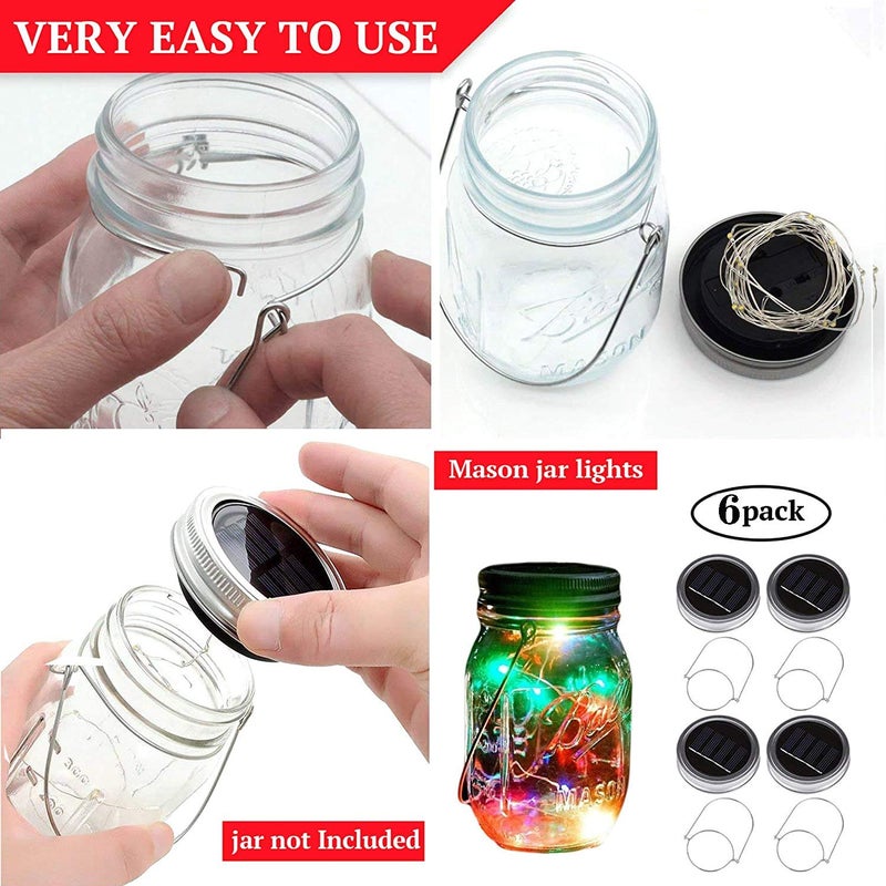 VOOKRY 6 Pack Solar Mason Jar Lights, 30 LED Mason Jar Lids Waterproof Firefly Fairy String Lights with 6 Hangers(No Jars), for Outdoor Patio Garden Yard Lawn Party Wedding Decoration - Multicolor - Image 5